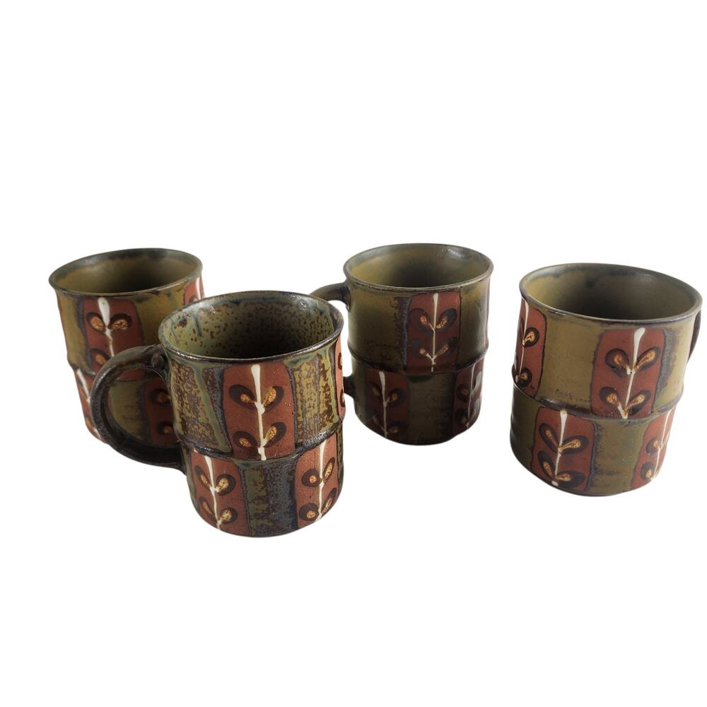 Antique Set~4 Hand-Painted Pottery Mug Earthtone Raised Leaf Motif Stoneware